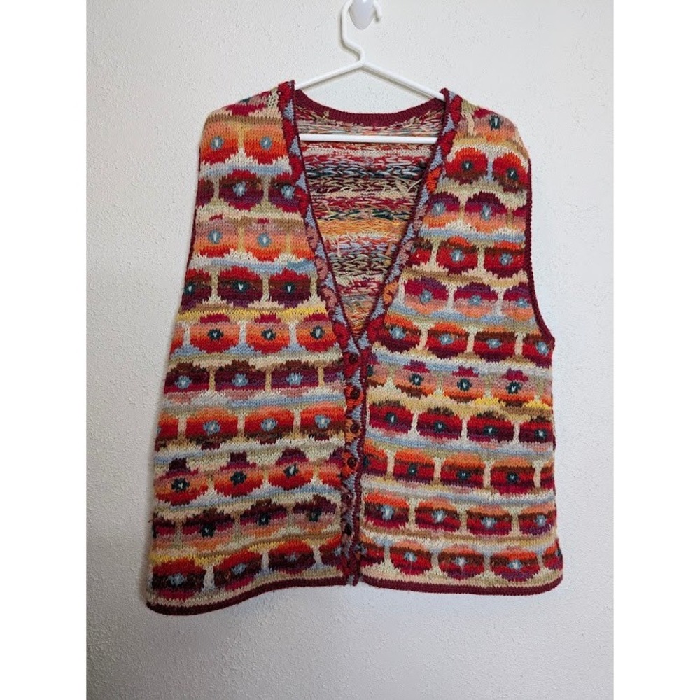 Vintage Woman Floral Knit Sweater Vest Granny Multicolor Bright Size XL Rainbow